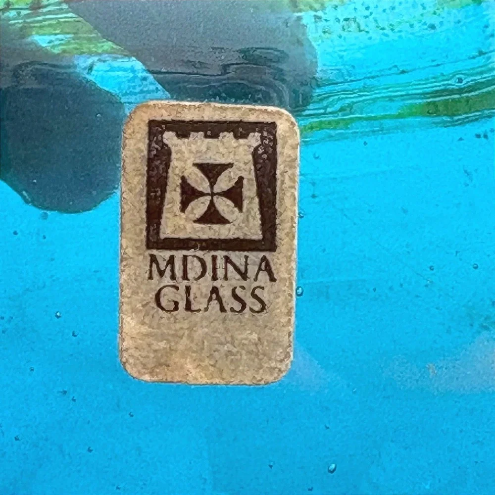 Mdina Glass Malta Turquoise Blue Swirl Art Glass Vase Signed